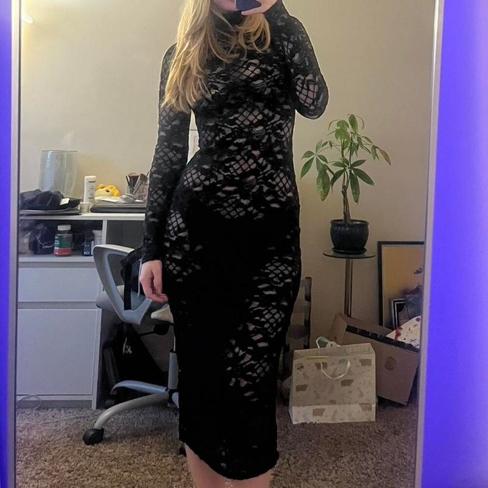 AFRM black floral lace sheer bodycon midi long sleeve turtleneck dress sz small